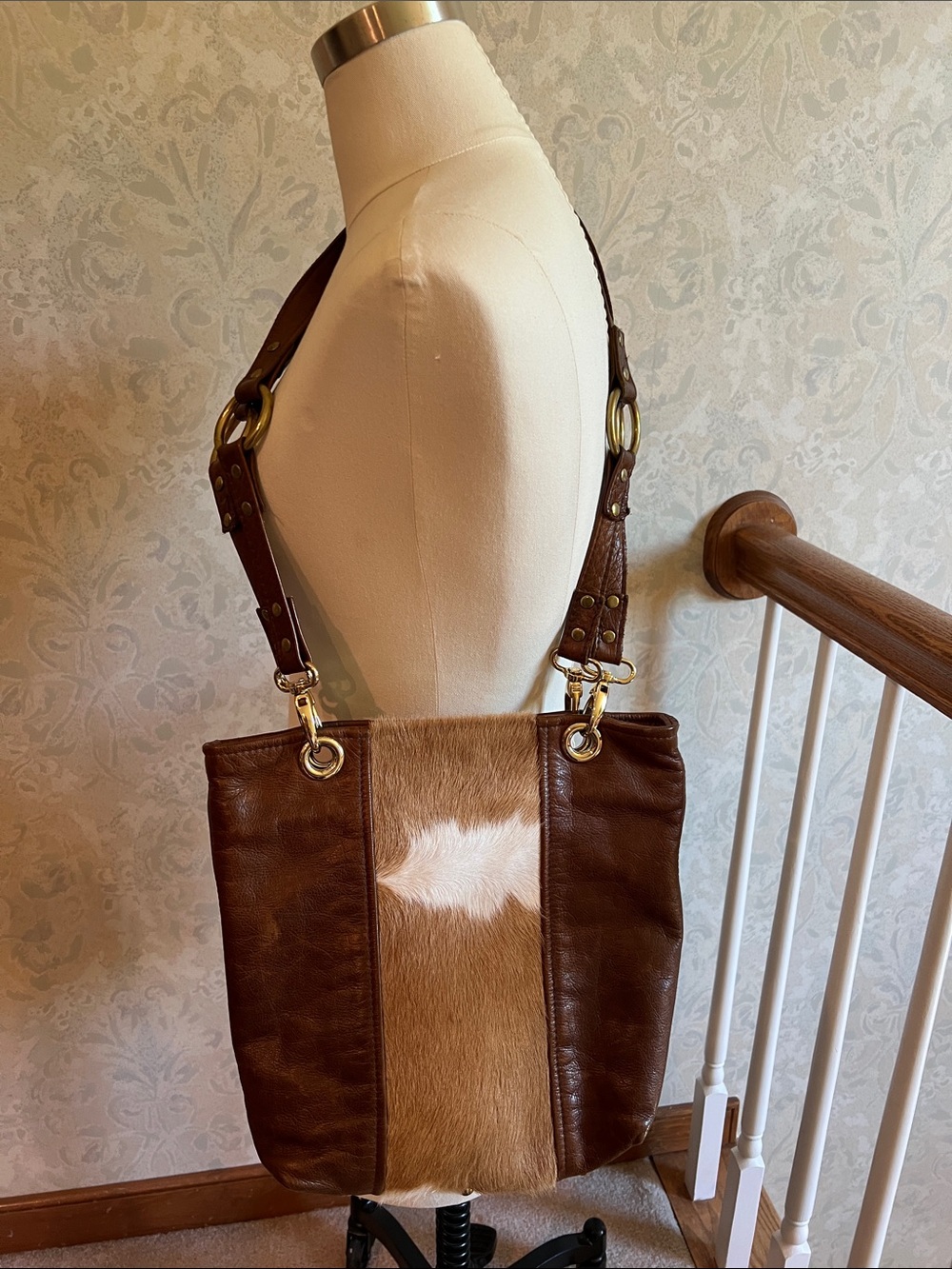 Handmade Leather & Haircalf Brown Tote Shoulder Bag with Gold Accents